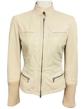 TOD'S CREAM ZIP FRONT LEATHER JACKET WITH KNIT SLEEVES